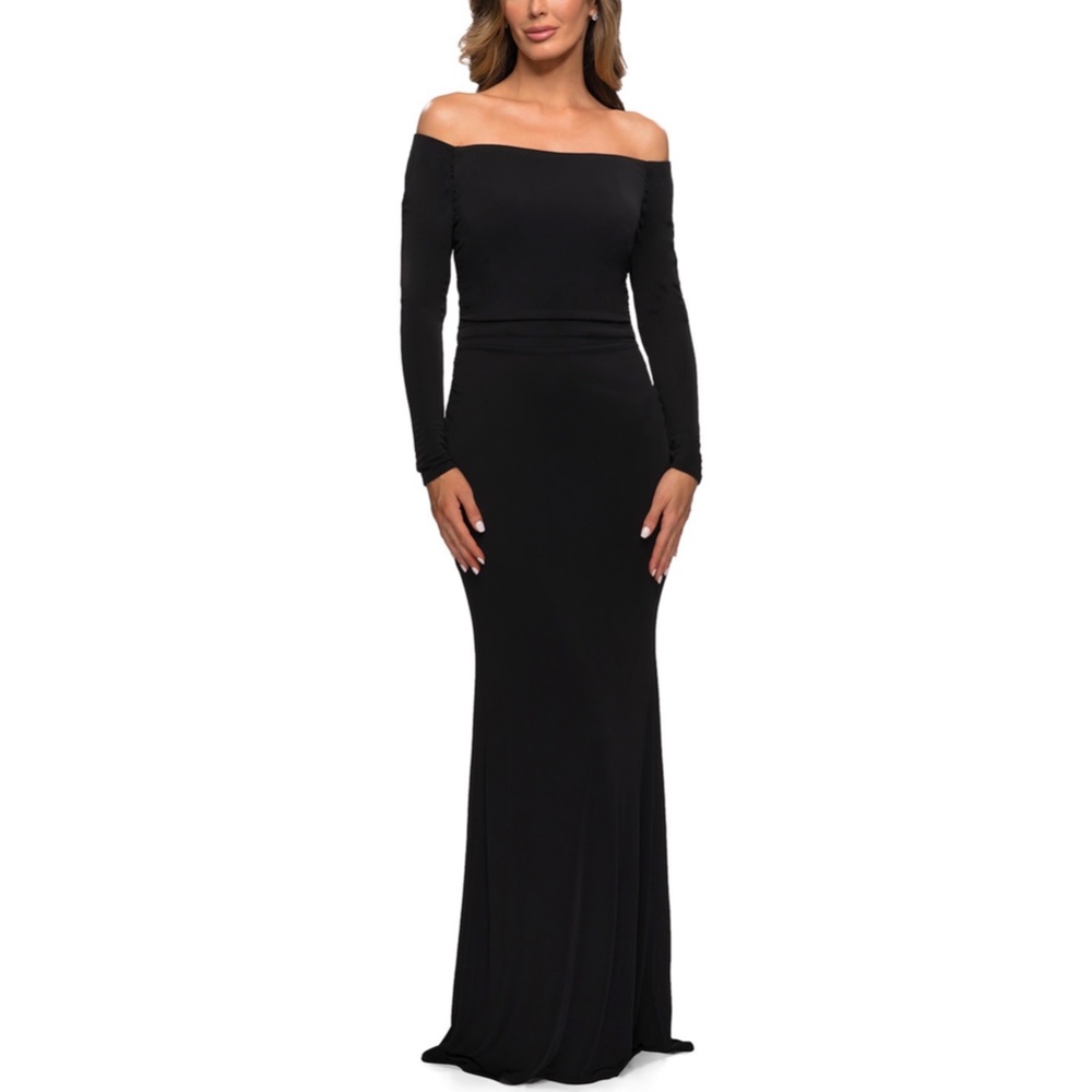 NEW La Femme 28054 Off Shoulder Long Sleeve Ruched Jersey Gown Size 4